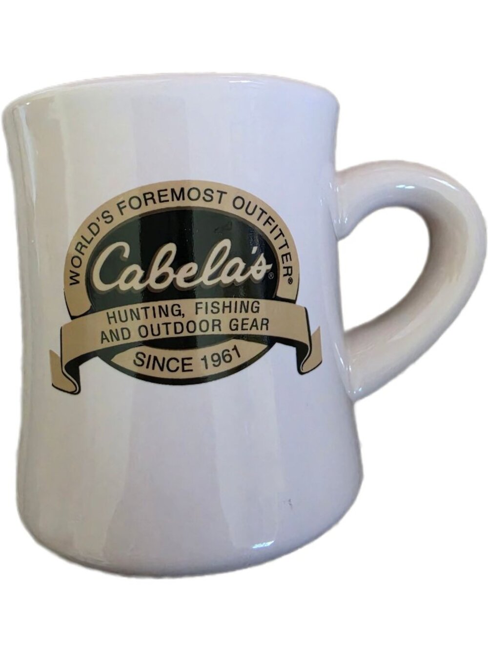 Cabela's Coffee Mug Retro Diner Style Lacey WA 10oz Ceramic Cup Vintage NOS UPC
